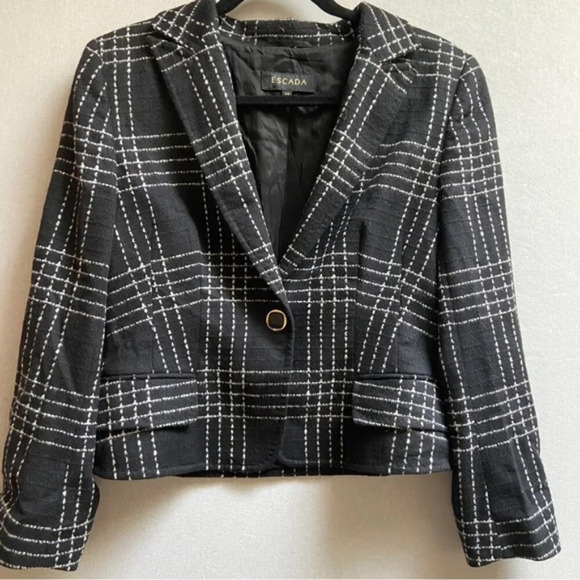 Escada Bushra Virgin Wool Angora black white plaid one button blazer Sz 38 - Picture 1 of 11